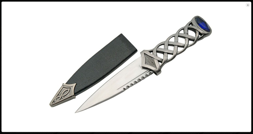 7.25" Scottish Sgian Dubh & Scabbard, Sharp 'Woven' Celtic Knot Handle, Blue Gem
