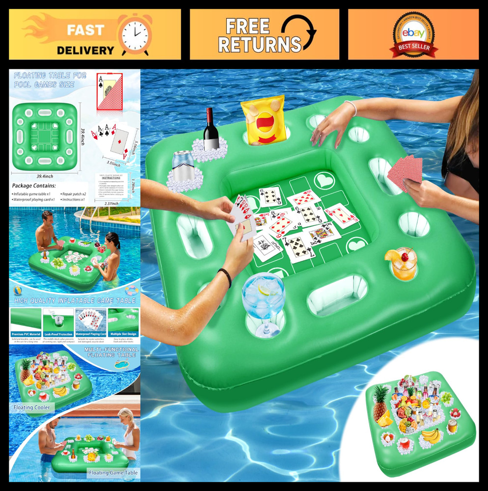 Floating Pool Table with Drink Holders, 40x40" Inflatable Game & Card Table