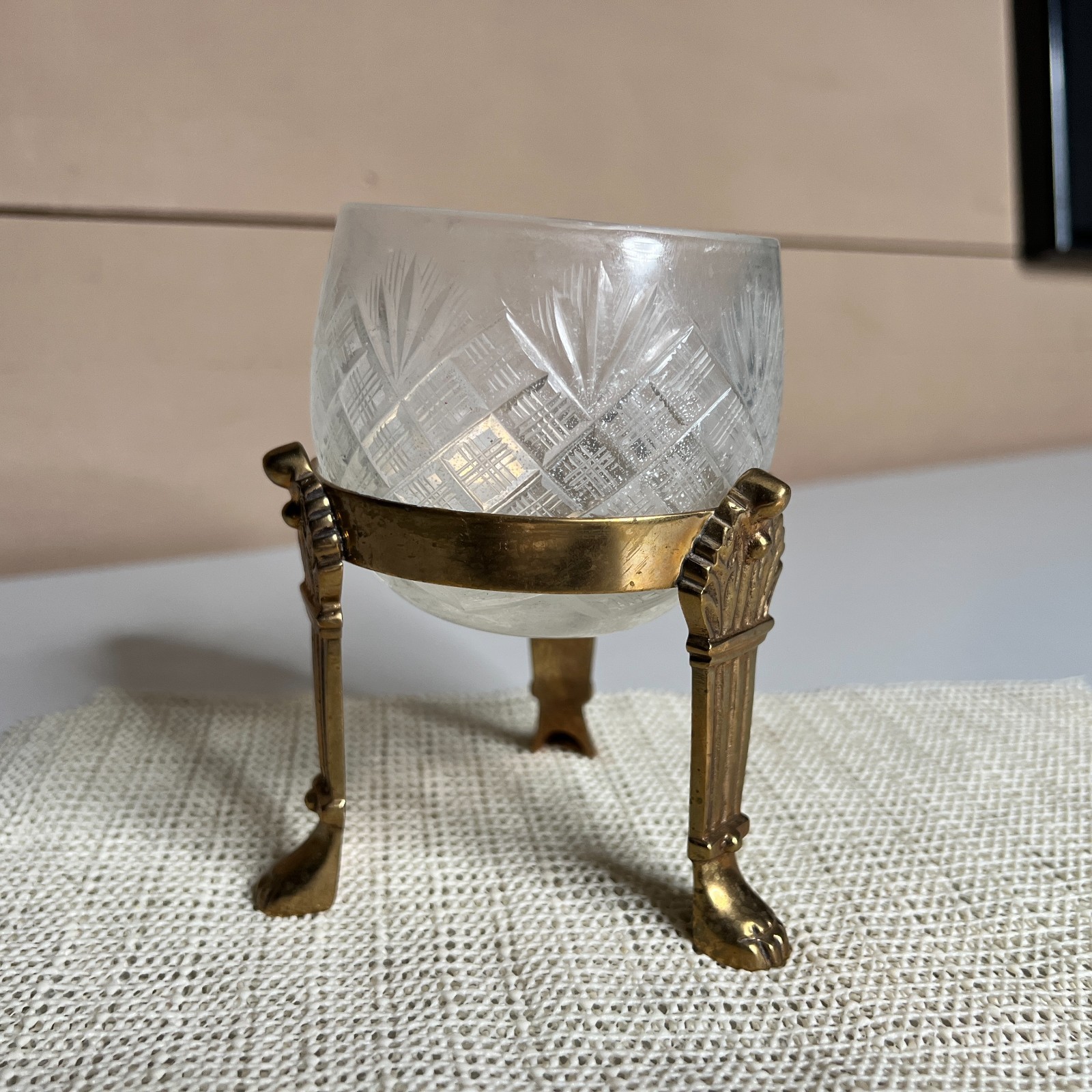 Vintage Brass Footed Cut Glass Bowl Crystal Open Salt Cellar Trinket Dish