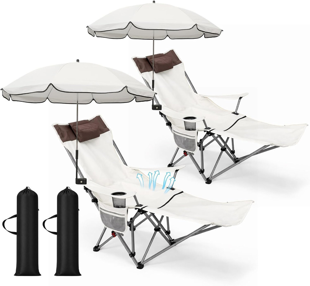 2 Set Reclining Beach Chair with Umbrella for Adult Folding Camping Chair with F