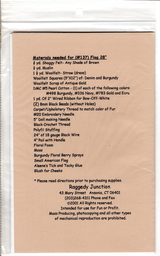 "Flag" ©2001 Raggedy Junction Sewing Dollmaking Craft Pattern # 137 28" Tal