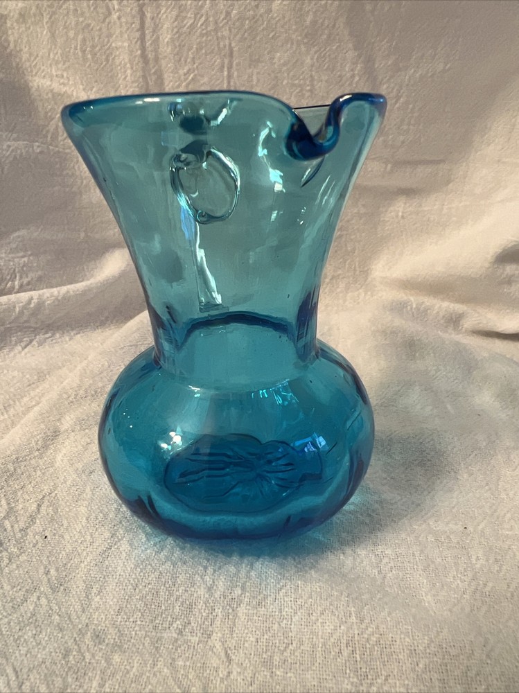 Handblown Mini Pitcher Blue With Clear Applied Handle 3.5”