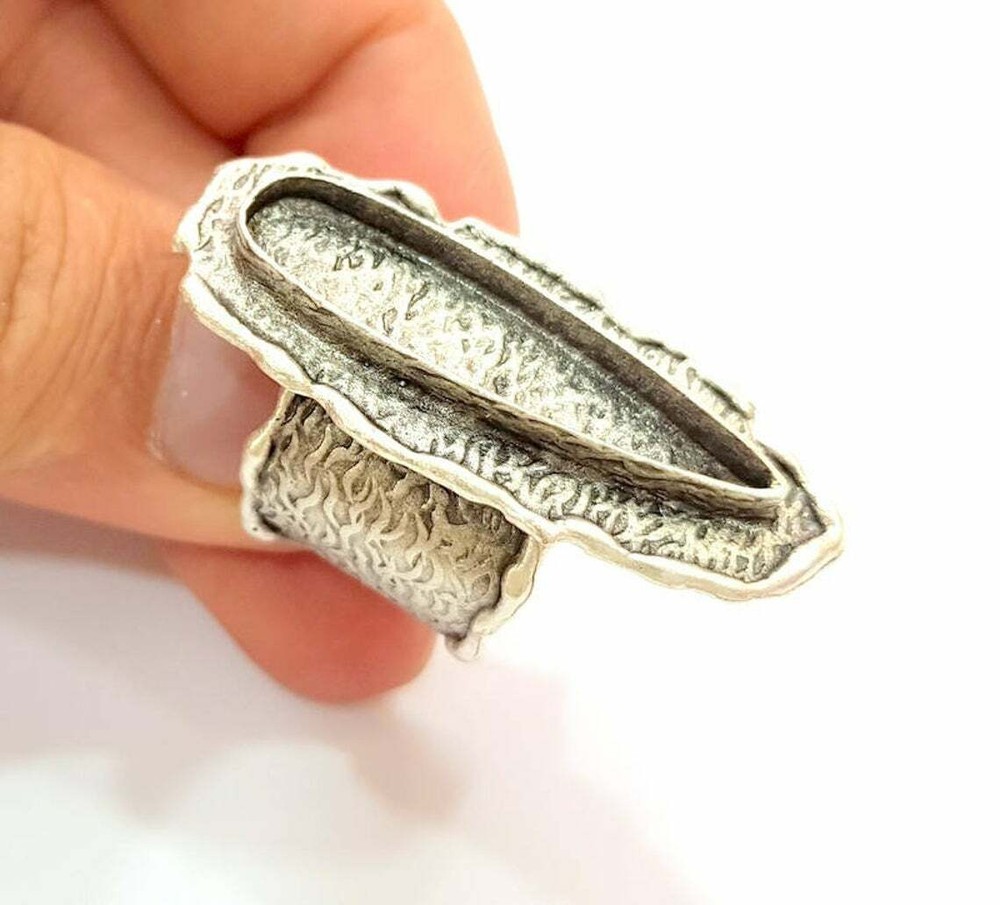 Ring Blank Base Bezel Setting Cabochon Adjustable Antique Silver Brass