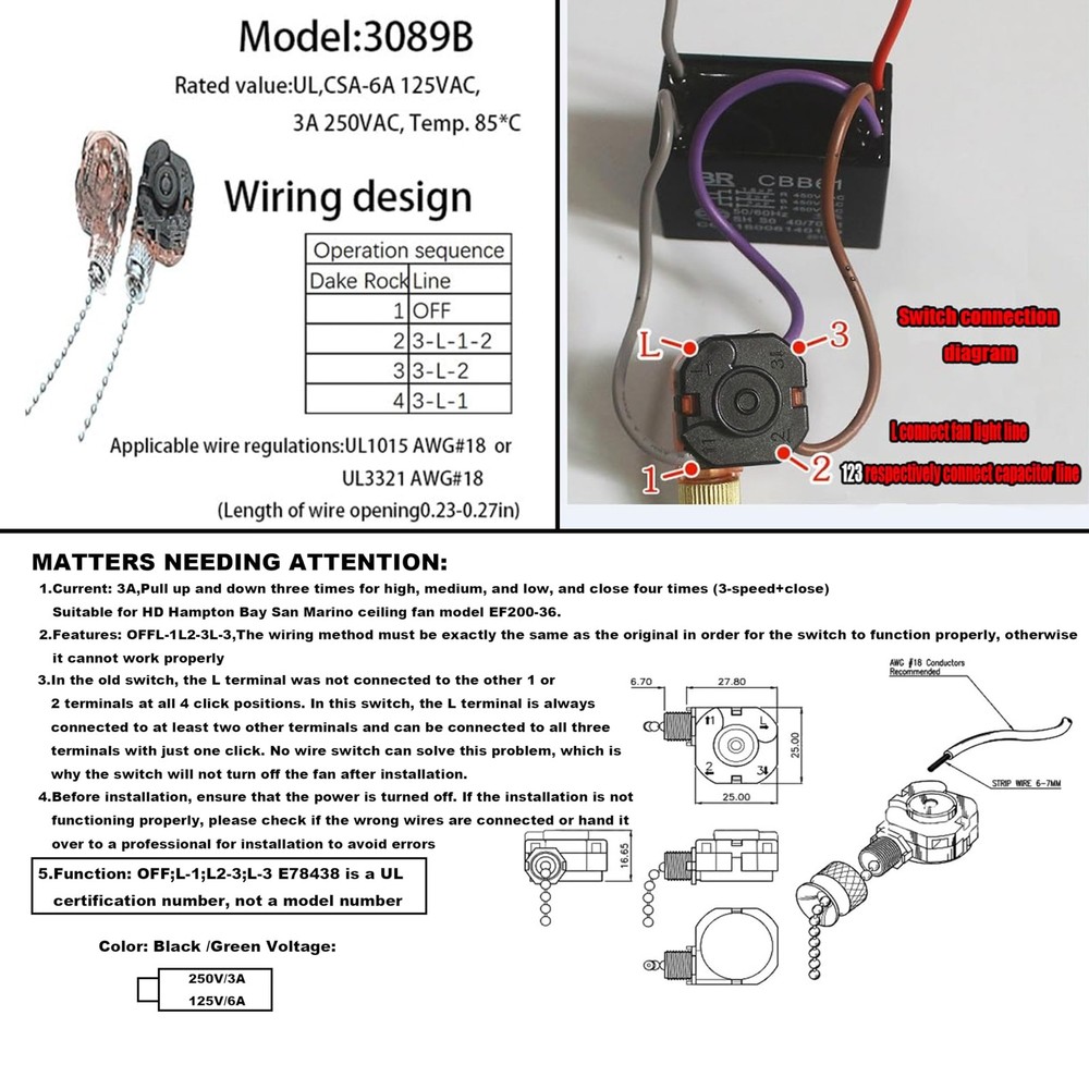 Home Ceiling Fan Light Lamp Replacement Parts 3position 4 Wire Pull Chain Con...