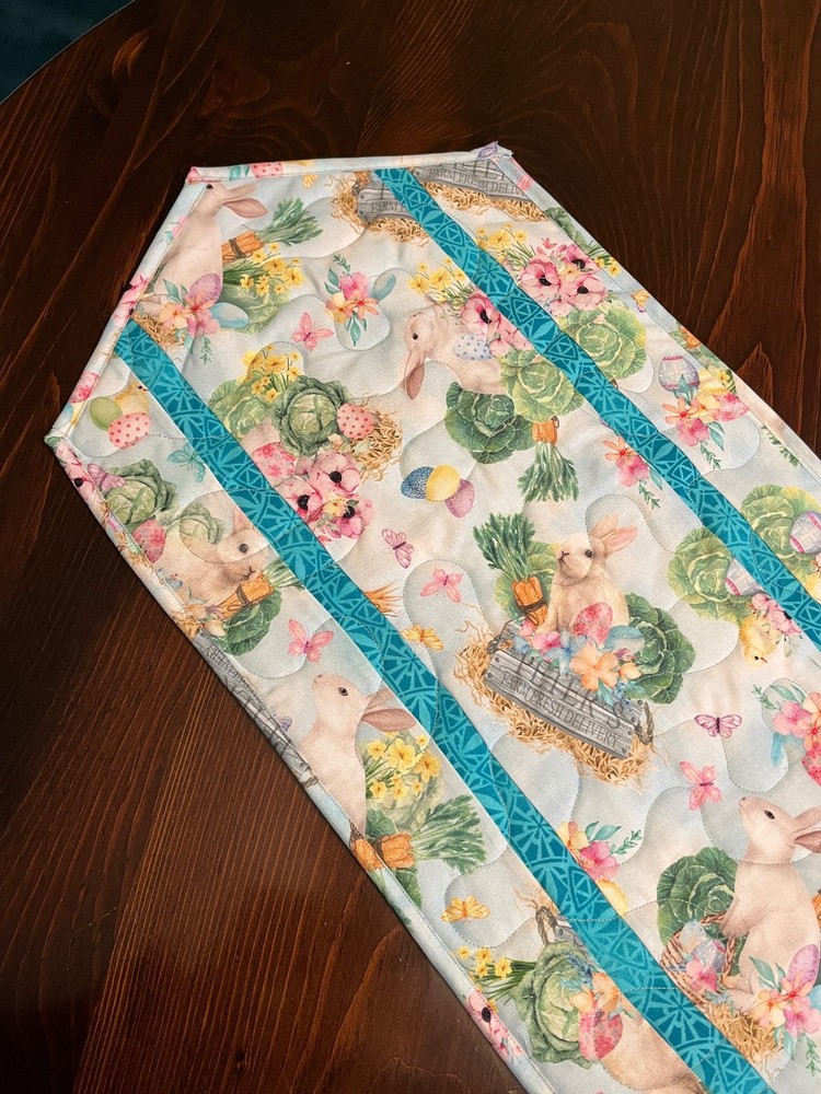 Handcrafted-Quilted Table Runner -Happy Easter - Easter Eggs, Bunnies - Gardens