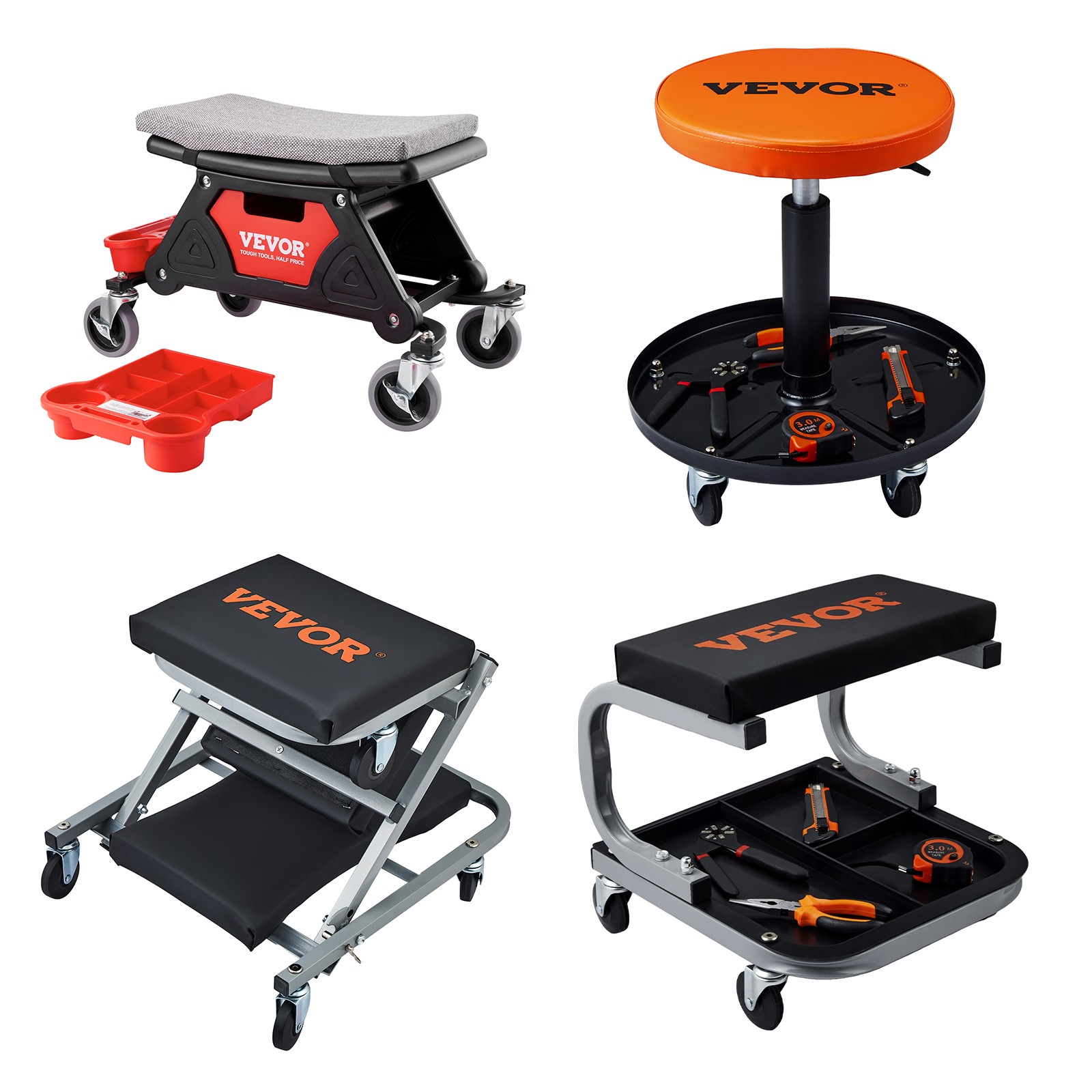 Mechanic Stool Creeper Seat 300/250lb Rolling Shop Stool with Tool Trays