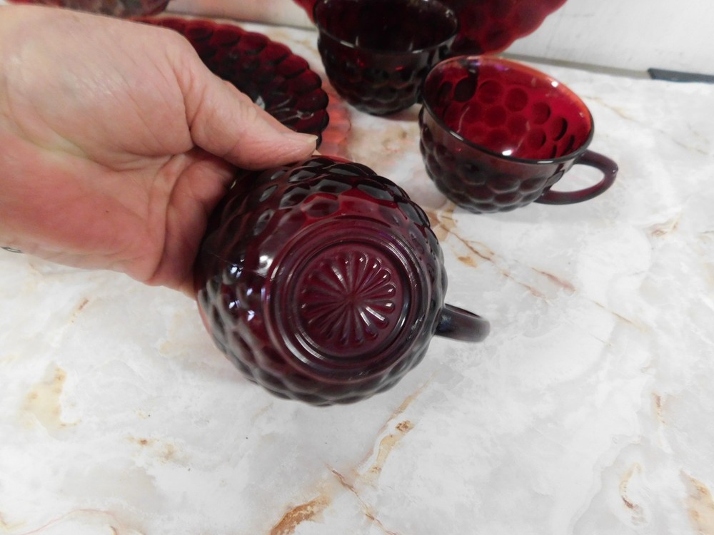 Vintage Royal Ruby Red Bubble Glass Dinner Plates & Cups Set