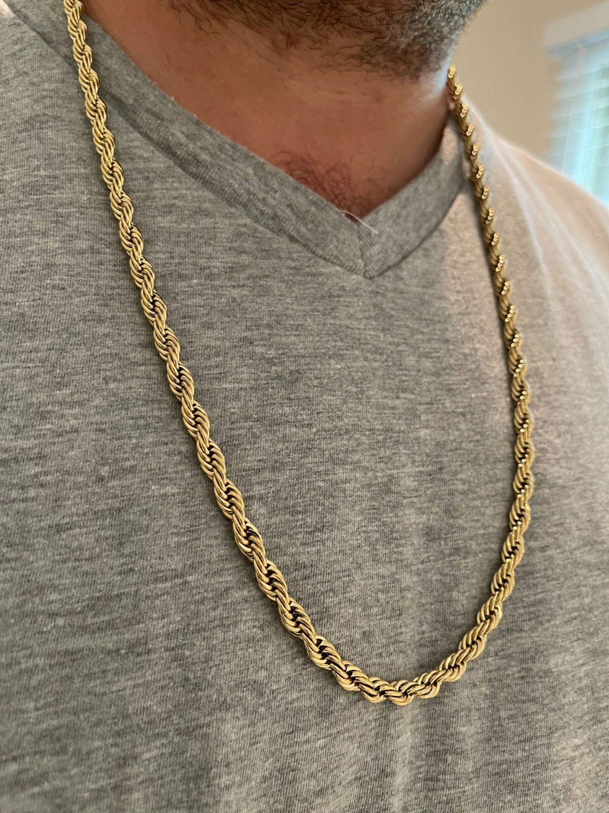 Men's Real Rope Chain Necklace 14k Gold Plated Stainless Steel - 2mm-6mm 18-30"
