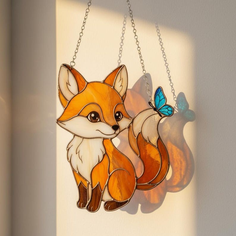 Fox with Blue Butterfly Acrylic Suncatcher