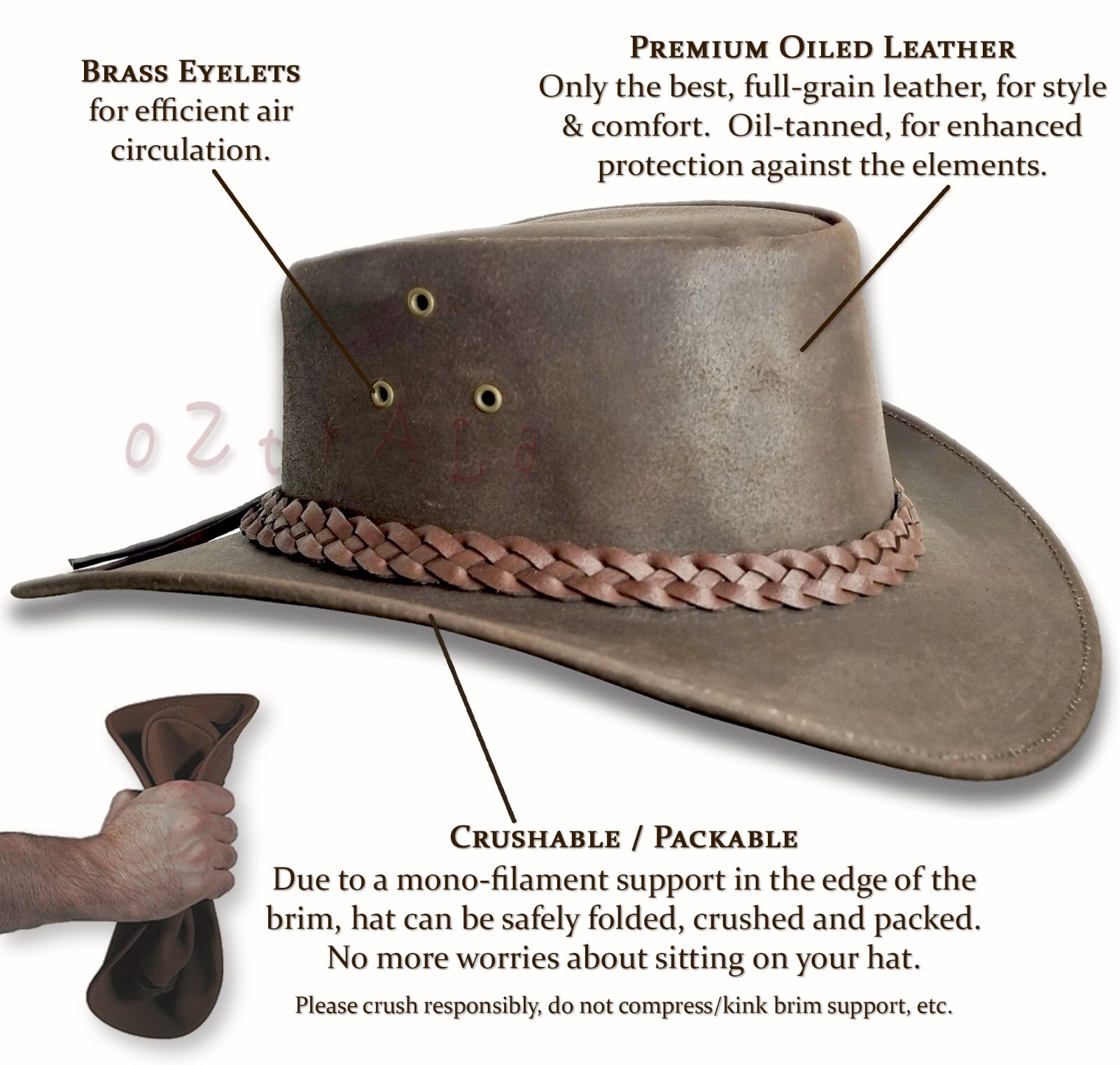 【oZtrALa】Australian OIL LEATHER Hat Outback Men Bush Jacaru Cowboy AUSSIE Fedora