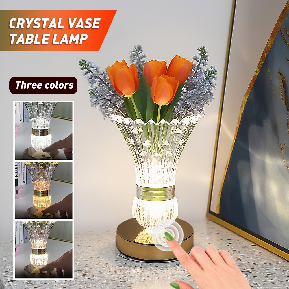 LED Crystal Table Lamp Vase Night Light Touch Dimmable Atmosphere Bedside Gift