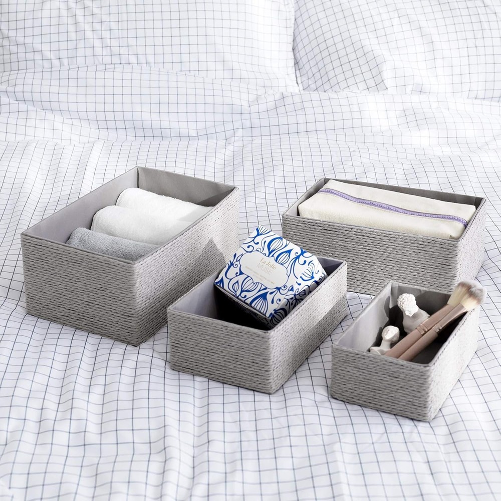 Storage Baskets Set 4 Stackable Woven Basket Paper Rope Bin Storage Boxes Makeup