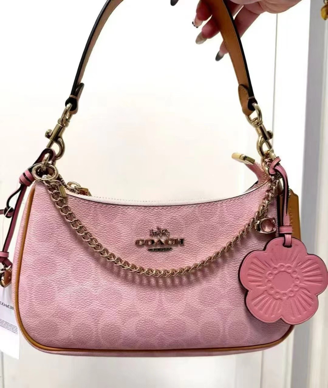 Coach Teri Shoulder Bag Signature Canvas With Charms Gold/Powder Pink CEA20 NWT