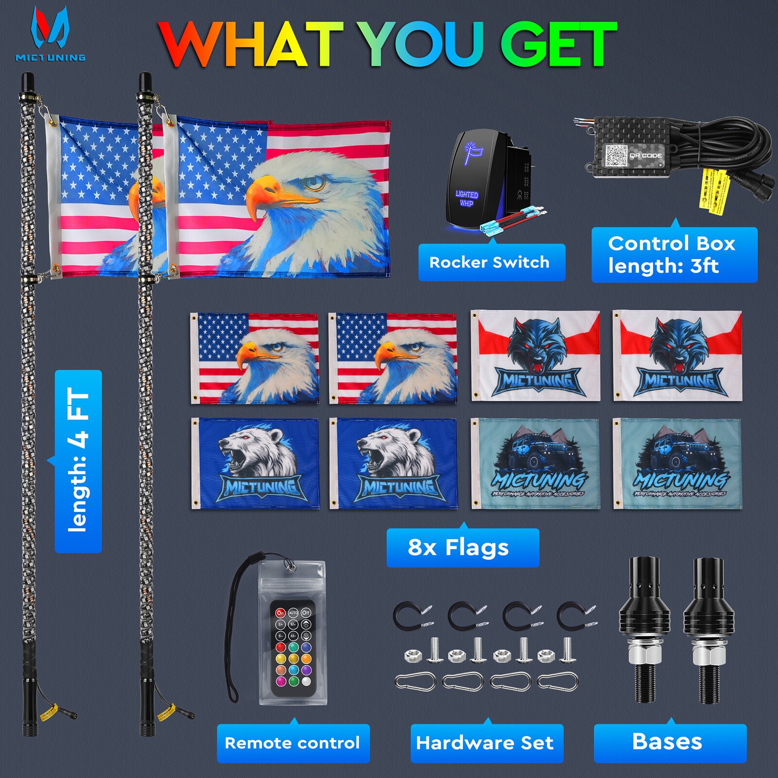 4ft RGB LED Spiral Whip Light Antenna with Flag & Remote for ATV UTV Polaris RZR