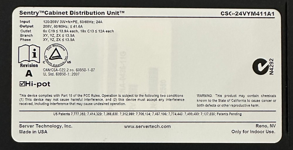 SERVER TECHNOLOGY SENTRY CABINET DISTRIBUTION UNIT CSG-24VYM411A1