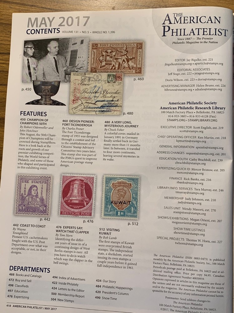 American Philatelist Magazine 2017, May