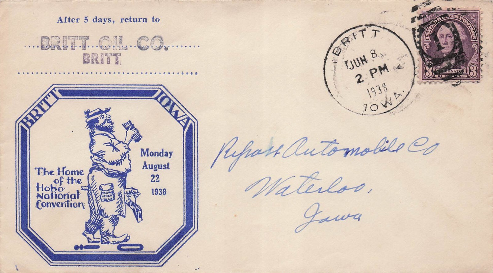 1938 US Cover Britt Oil Co Iowa Automobile Car Dealer Waterloo Scott #720 Stamp