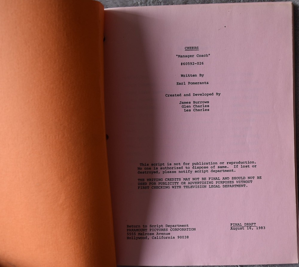1983 Cheers (Manager Coach) Original Screenplay Script