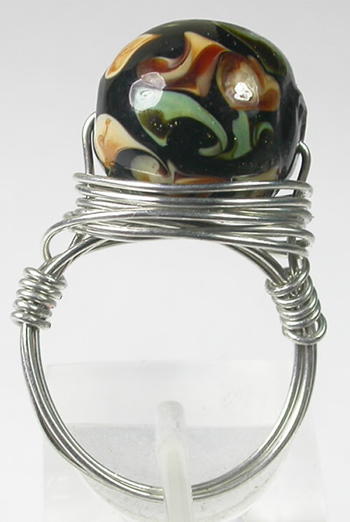 Wire Wrapped Black Swirl  Lampwork  Bead Ring Handcrafted