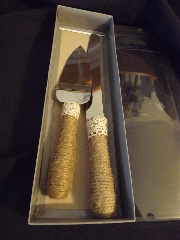 Studio His & Hers Rustic-Style Wedding Cake Knife & Server Set Jute Twine Lace