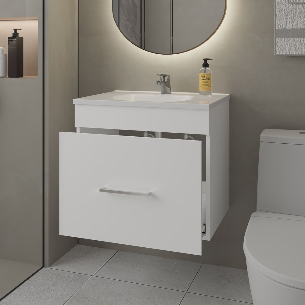 White 1-Drawer Floating Bathroom Vanity Set with Sink