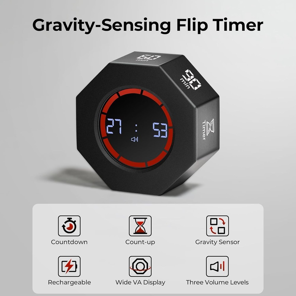 Small Rechargeable Pomodoro Timer, Gravity Sensor Auto-Rotating 7 Preset Times (