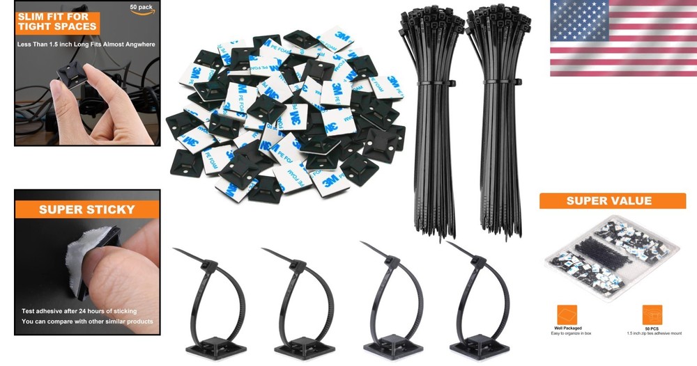 Cable Tie Base Holders Kit - 50 Pack Adhesive Mounts