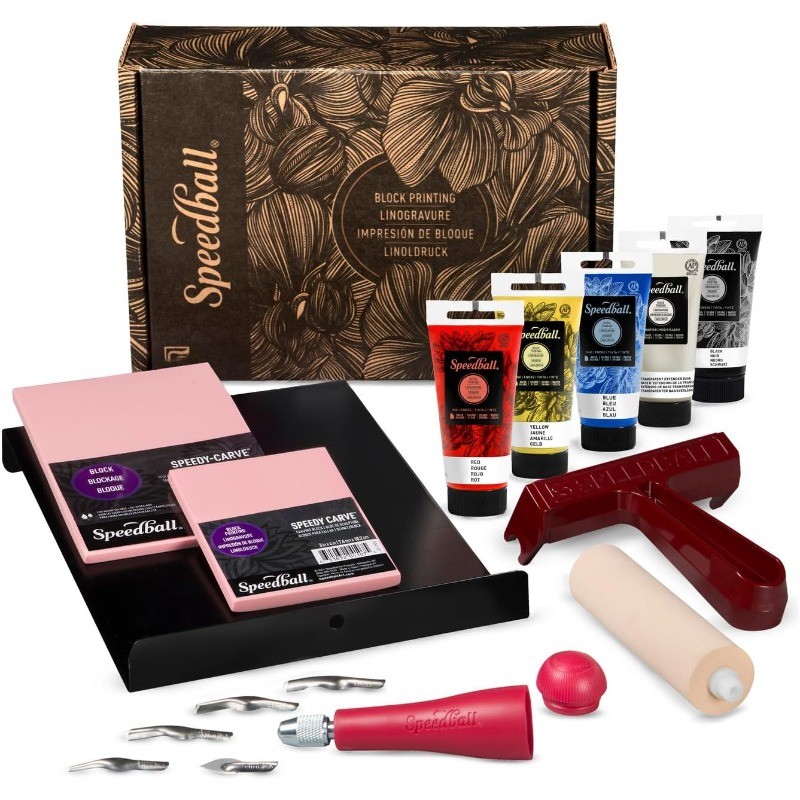Deluxe Block Printing Kit-Includes Inks Brayer Bench Hook Lino Handle andCutters