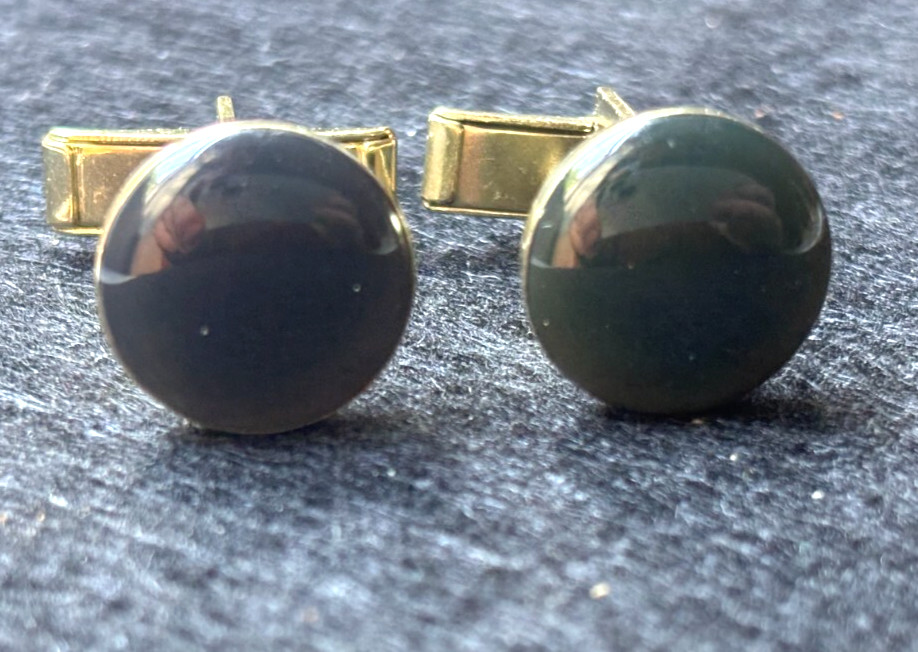Vintage cufflinks - blue round gem solid metal casing