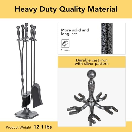 5 Pieces Fireplace Tools Set, Wrought Iron with Grey With Silver Pattern