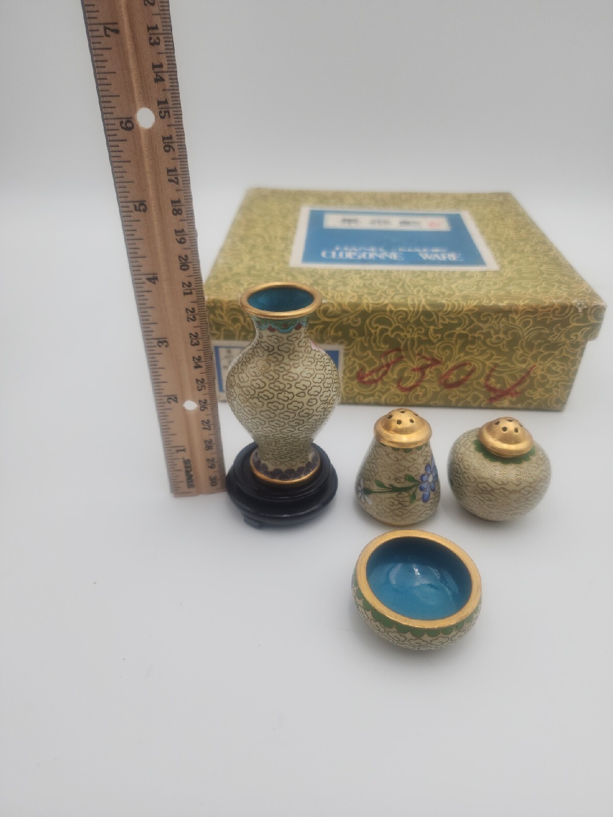 Vintage floral enamel cloisonne set- salt, pepper, vase, bowl, stand