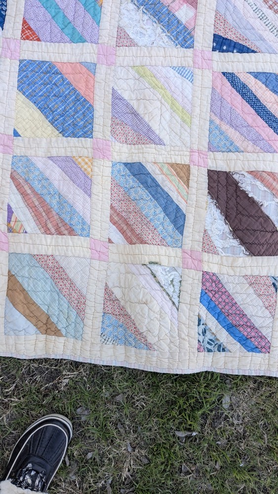 Antique 1920 Patchwork Quilt 64"X78 String Pieced Blocks
