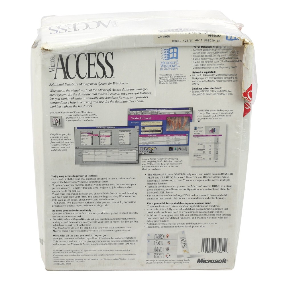Microsoft Access 1.0 Retail Box 5.25" Disks Vintage Database Software Sealed