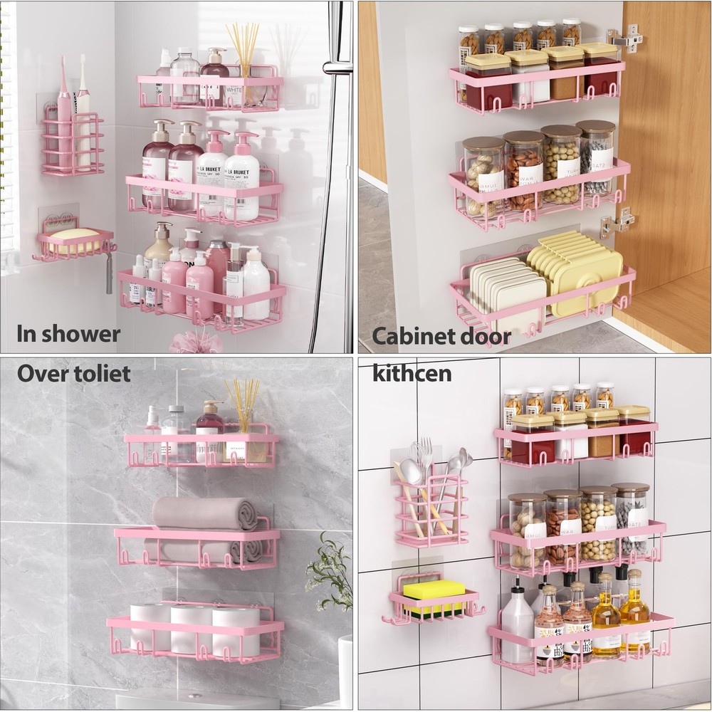 Pink Shower Caddy 5-Pack: Adhesive, Rustproof Bathroom Storage & Decor Set