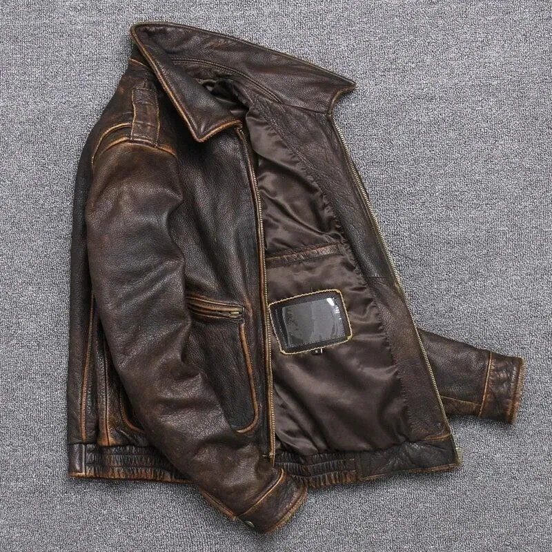 Men's Vintage A2 Bomber AIR Force Style Waxed Tan Brown Real Leather Jacket
