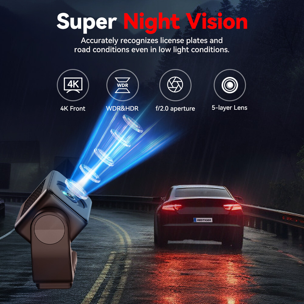 REDTIGER A4 Dash Cam Front and Rear 4K Dash Camera, 5.8GHz WiFi, 2" Touch Screen