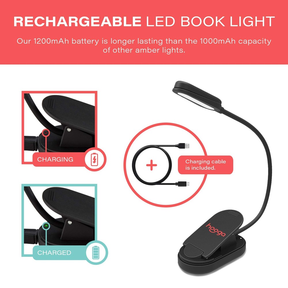 Amber Book Light Rechargeable Clip-On Blue Light Blocking LED Reading Light