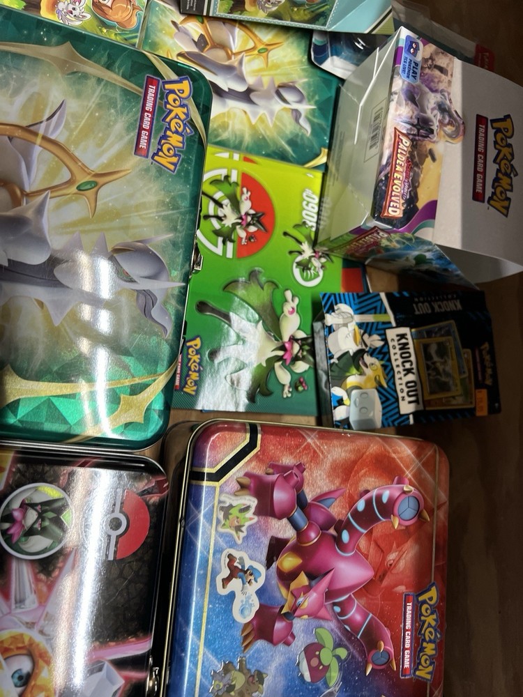Pokemon Tin Lot Empty Storage Boxes + Mini Tins + Sticker Sheets Bulk