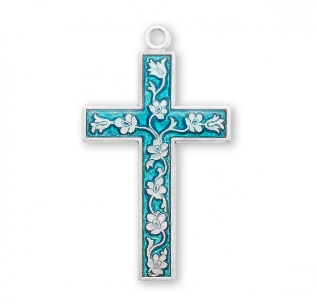 Solid 925 Sterling Silver Flowered Vine Blue Enameled Cross Necklace Pendant