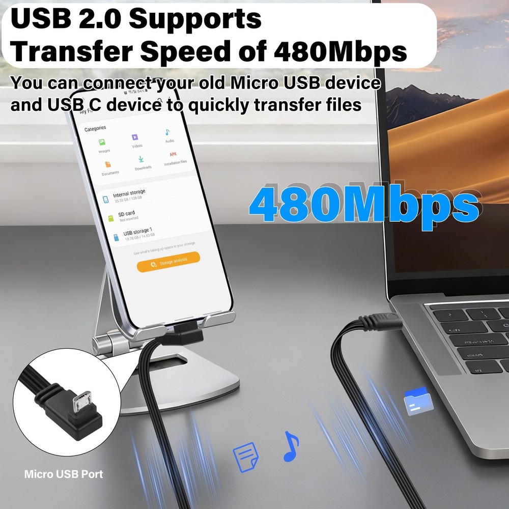 JSADZKJ Flexible USB Type-C to Micro Cable,90 Degree 30 centimeters