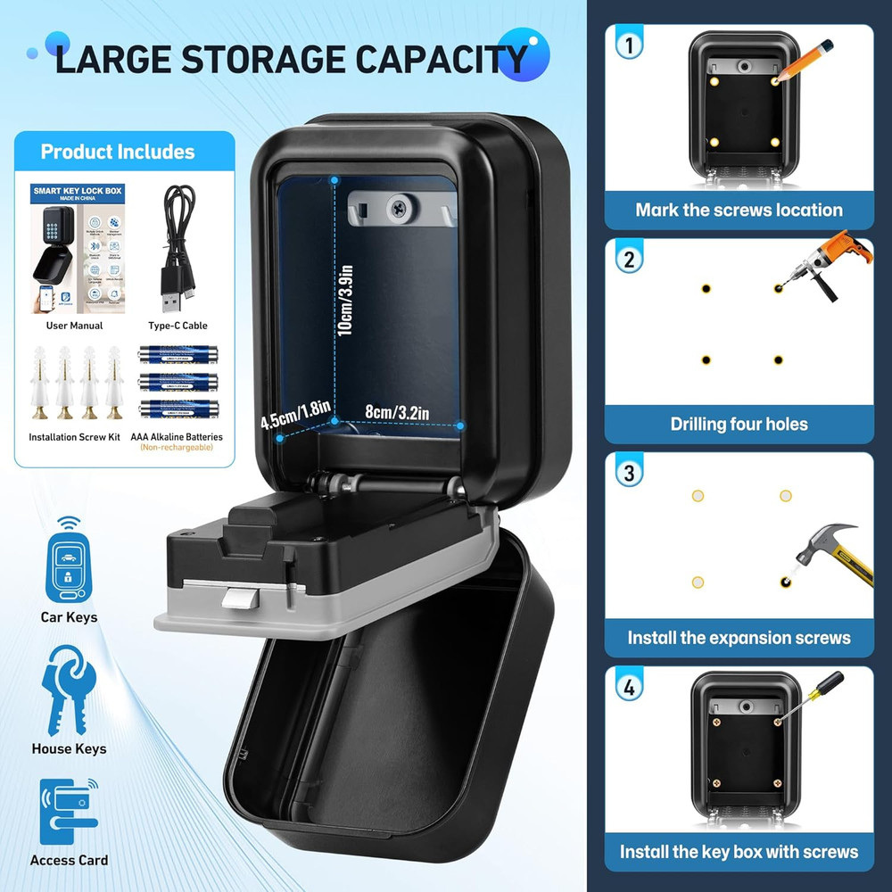 HUANLANG Smart Key Lock Box - Bluetooth Electronic Lock Box for Keys, Wall Mount