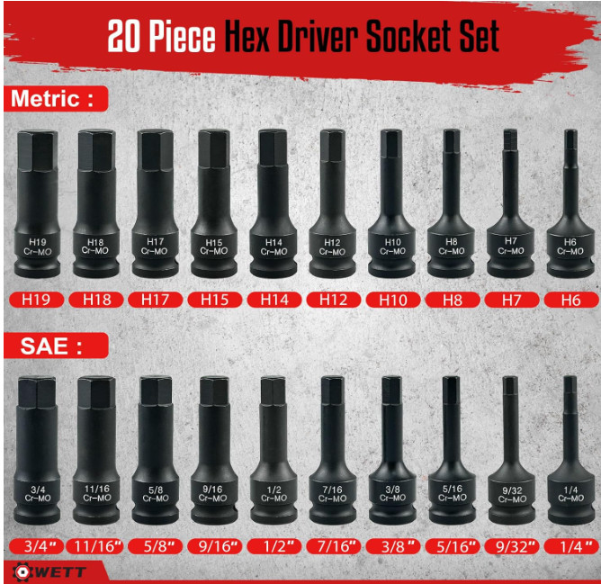 1/2" Drive Master Impact Hex Bit Set, 20 Piece Hex Driver Socket Set, Allen Bit