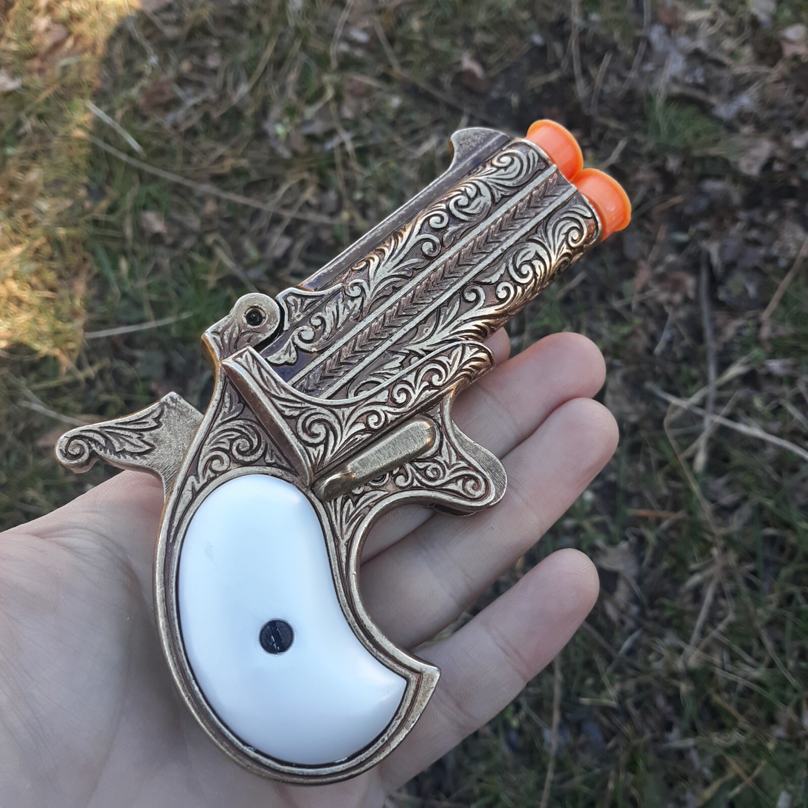 Denix Replica Non-Firing 1866 Double Barrel Derringer Brass Construction & Grips