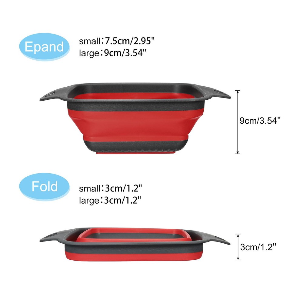 Collapsible Colander Set, 2 Size Silicone Square Foldable Strainer - Red