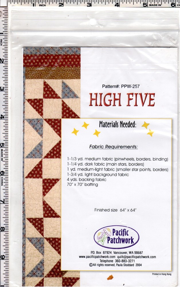 2004 UNCUT Pacific Patchwork Quilting Sewing Applique Pattern PPW-257 "High Five
