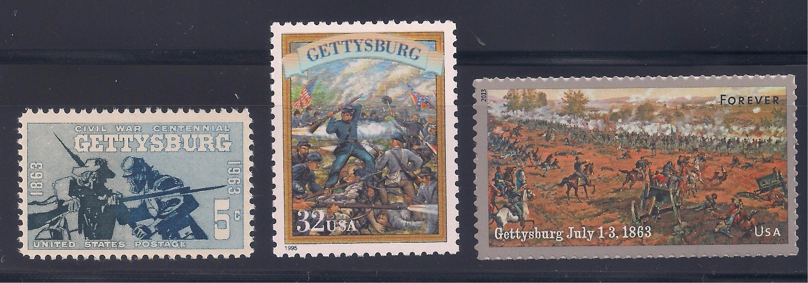 CIVIL WAR - BATTLE OF GETTYSBURG - COMPLETE SET OF 3 U.S. POSTAGE STAMPS