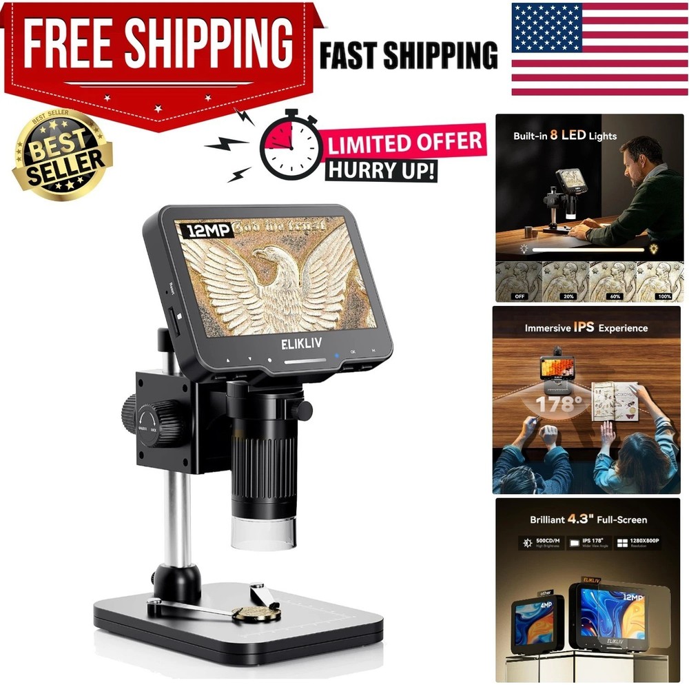 Coin Microscope for Adults: 4.3'' LCD Digital Microscope 1000x with 8 Adjusta...