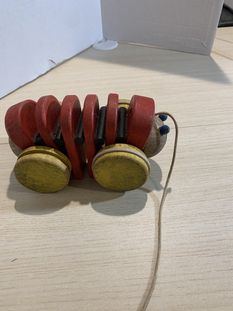 Vintage Inch Worm Pull Toy Solid Painted Wood Action Hand Made 7"