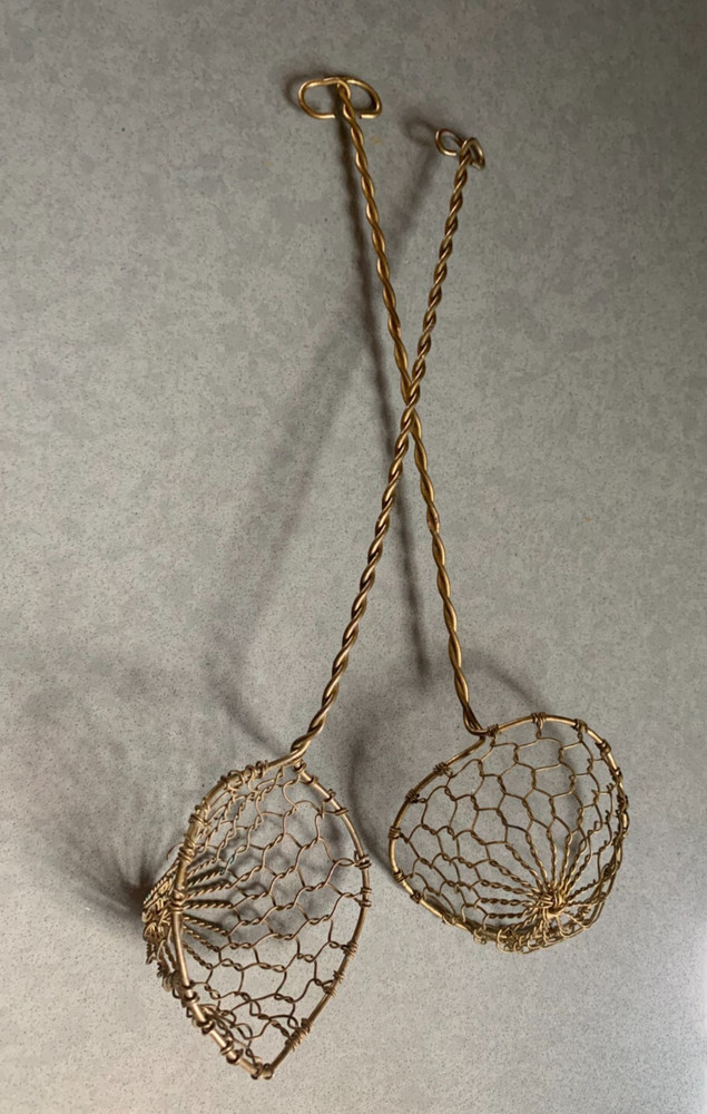 Pair GOLD BRASS WIRE EGG SPOONS Tea Strainers Frying Utensil Primitive Cookware