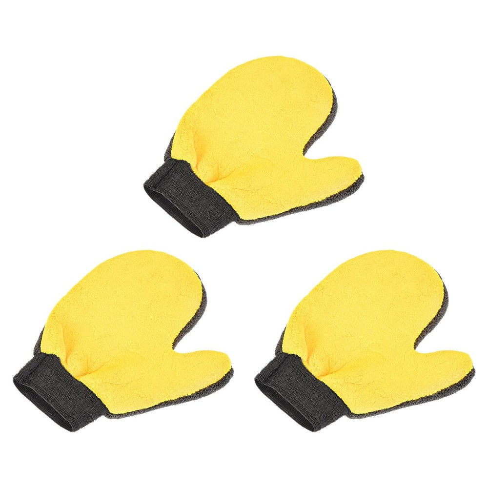 3Pcs Microfiber Wash Gloves Mitten Cleaning Duster with Thumb, Grey Yellow